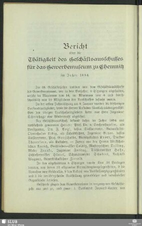 Bericht über die Thätigkeit des Geschäftsausschusses für das Gewerbemuseum zu Chemnitz im Jahre 1894
