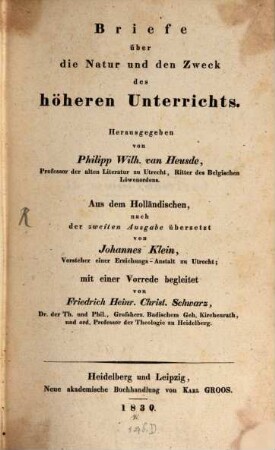 Briefe über die Natur und den Zweck des höhern Unterrichts