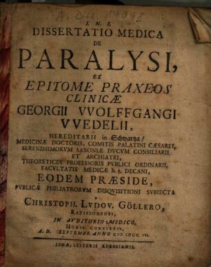 Dissertatio Medica De Paralysi