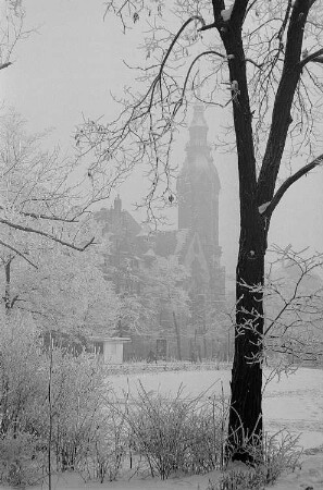 Leipzig im Winter, Blick aus einem Park auf die Thomaskirche