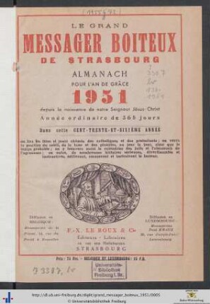 136. Année: Le grand messager boiteux de Strasbourg: Almanach Pour L'An De Grâce 1951