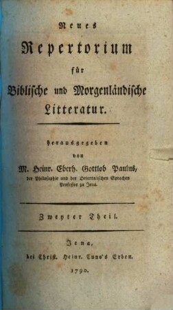 Neues Repertorium für biblische und morgenländische Litteratur. 2. 1790