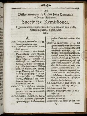 Ad Dissertationem de Cultu Iuris Cameralis ... Succinctae Remissiones