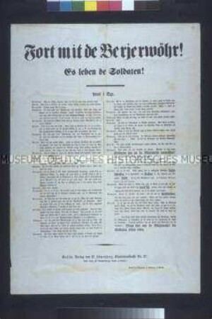 Satirisches Flugblatt: Fort mit de Berjerwöhr. Gespräch zwischen Piesecke, Neumann und Brennecke; undatiert