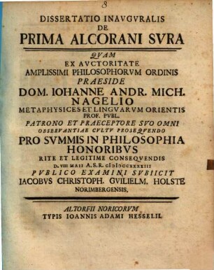 Dissertatio Inavgvralis De Prima Alcorani Svra
