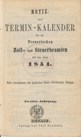 2.1854: Notiz- und Terminkalender für die preussischen Zoll- und Steuerbeamten
