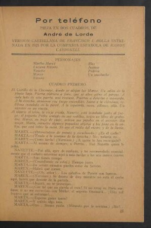 Por teléfono : Pieza en dos cuadros