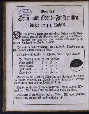 Von den Sonn- und Mond-Finsternissen dieses 1744. Jahrs.