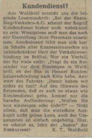 Leserbrief "Kundendienst?" zum Omnibusverkehr im Bröltal