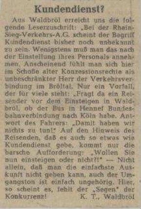 Leserbrief "Kundendienst?" zum Omnibusverkehr im Bröltal
