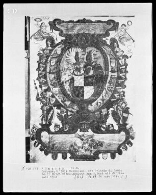 Bußpsalmen des Orlando di Lasso — Wappentafel mit der Jahreszahl 1570, flankiert von zwei Rittern und zwei in der Luft schwebenden Engeln mit Posaunen