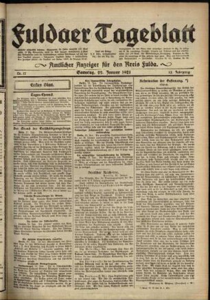 Erste Ausgabe vom Samstag, den 22. Januar 1921.