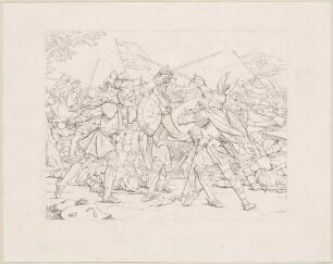 Zu Shakespeares "König Heinrich IV.", Teil 1, Blatt 6, 5. Akt, 4. Szene: Douglas und der König im Zweikampf während der Schlacht, Prinz Heinrich eilt zur Hilfe