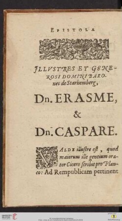 Illvstres et Generosi Domini Barones de Starhemberg, Dn. Erasme, & Dn. Caspare