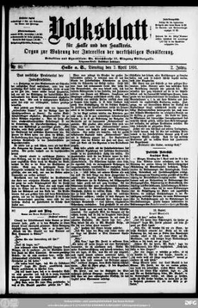 Volksblatt für Halle und den Saalkreis : Organ zur Wahrung der Interessen der werkthätigen Bevölkerung