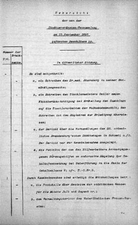 Uebersicht der von der Stadtverordneten-Versammlung am 15. September 1897 gefassten Beschlüsse., 15. September 1897