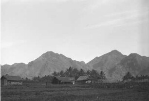 Permokarbon Hänge : Landschaft mit Hütten und Palmen. Im Hintergrund Berglandschaft