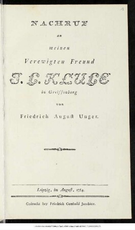 Nachruf an meinen Verewigten Freund J. G. Kluge in Greiffenberg