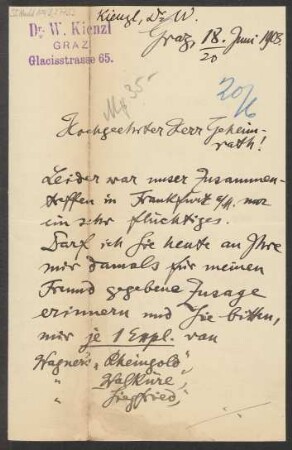 Brief an Ludwig Strecker  an B. Schott's Söhne : 18.06.1903