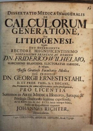 Diss. med. inaug. de calculorum generatione sive lithogenesi
