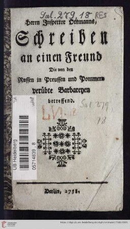 Herrn Inspector Ortmanns, Schreiben an einen Freund Die von den Russen in Preussen und Pommern verübte Barbareyen betreffend
