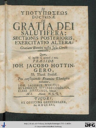 [2,2]: Ypotypōseōs Doctrinae De Gratia Dei Saluti Fera ...: ... Sectionis Posterioris, Exercitatio Altera