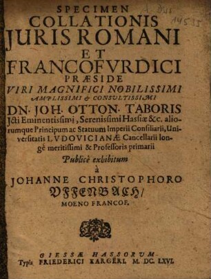 Specimen Collationis Iuris Romani Et Francofurdici