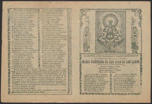 Alabanzas, accion de gracias y tierno despedimento a nuestra Augusta Reina y Patrona María Santísima de San Juan de los Lagos