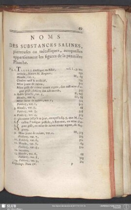 Noms Des Substances Salines, pierreues ou métalliques, auxquelles appartiennent les figures de la première Planche
