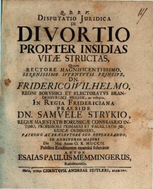 Disputatio Iuridica De Divortio Propter Insidias Vitæ Structas