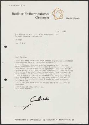 Brief an Martha Gilmer an Chicago Symphony Orchestra, 05.05.1993