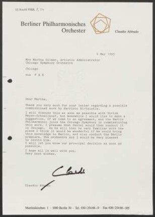 Brief an Martha Gilmer an Chicago Symphony Orchestra, 05.05.1993