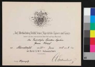 Einladung zur Abendtafel an Bord der S.M.Y "HOHENZOLLERN"