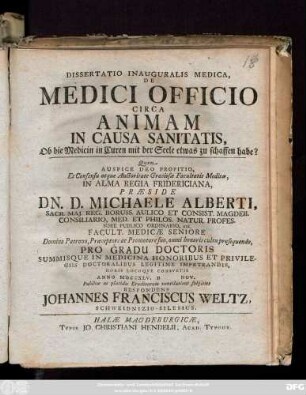 Dissertatio Inauguralis Medica, De Medici Officio Circa Animam In Causa Sanitatis