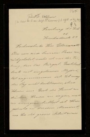 Brief von Agnes Wolffson an Gottlieb Planck, Hamburg, 1.7.1896