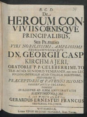 De Heroum Conviviis Coenisque Principalibus