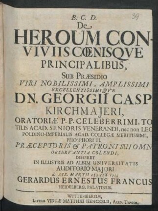 De Heroum Conviviis Coenisque Principalibus