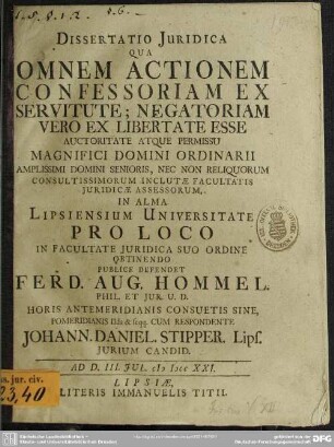 Dissertatio Iuridica Qua Omnem Actionem Confessoriam Ex Servitute; Negatoriam Vero Ex Libertate Esse