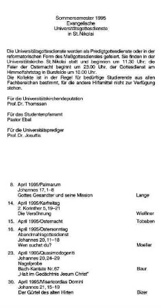 Sommersemester 1995 Evangelische Universitätsgöttesdienste in St. Nikolai