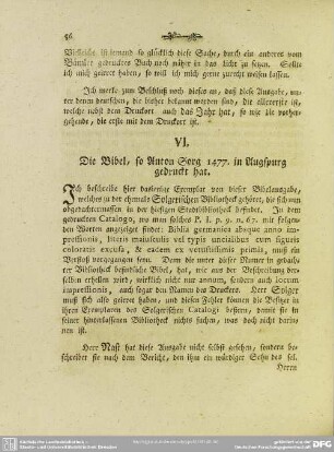 VI. Die Bibel, so Anton Sorg in Augspurg 1477. gedruckt hat