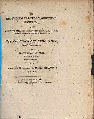 In Doctrinam Electro-Magnetismi Momenta