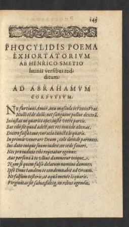 Phocylidis Poema Exhortatorium Ab Henrico Smetio latinis versibus redditum.
