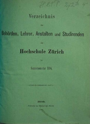 Verzeichnis der Behörden, Dozenten, Anstalten und Studierenden. 1894, SS