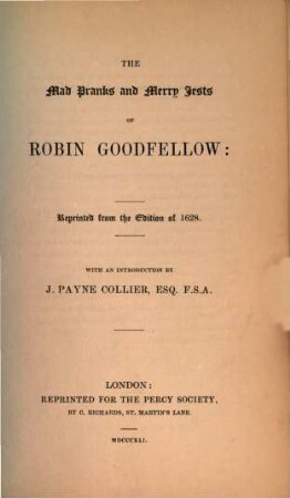 The mad pranks and merry jests of Robin Goodfellow