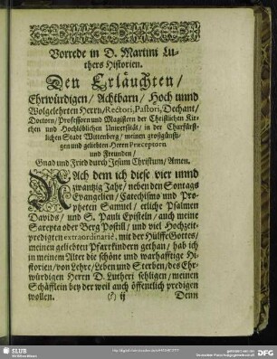 Vorrede in D. Martini Luthers Historien