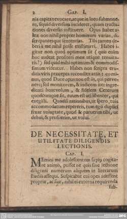 De Necessitate, Et Utilitate Diligendis Lectionis. Cap. I.
