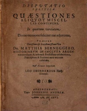 Disp. polit. quaestiones aliquot miscellas continens