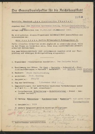 Deutsches Opernhaus (auch: Städtische Oper), Berlin: Fragebogen für das Handbuch »Das Deutsche Theater«, erste Fassung, vierseitiges Dokument