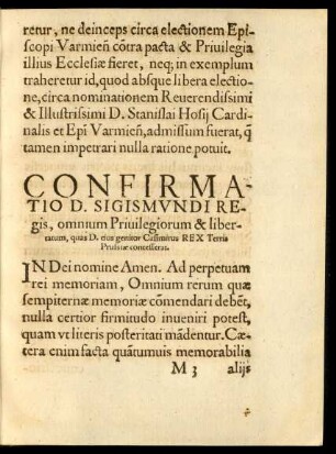 Confirmatio D. Sigismundi Regis, omnium Privilegiorum & libertatum, quas D. eius genitor Casimirus Rex Terris Prussiae concesserat.