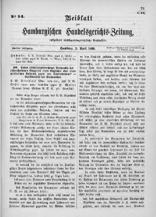 Beiblatt zur hamburgischen Handelsgerichts-Zeitung No. 14. Zweiter Jahrgang. Hamburg, 3. April 1869.